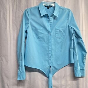 Blue Button-Up Shirt with Tie Hem